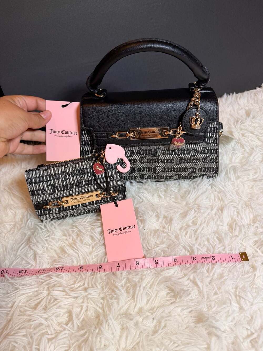 Set 2 Juicy Couture Black Beige Monogram Crossbody Bag &Matching Wallet